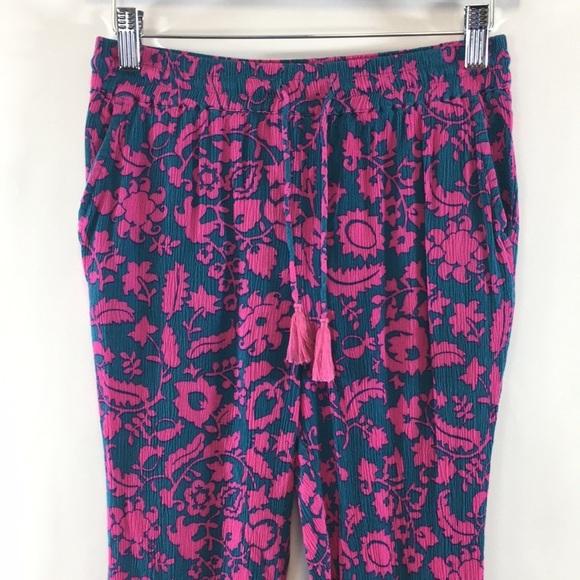 Boden Green Pink Floral Batik Capri Pants Womens 2R Pull‎ On Cropped - Picture 3 of 10
